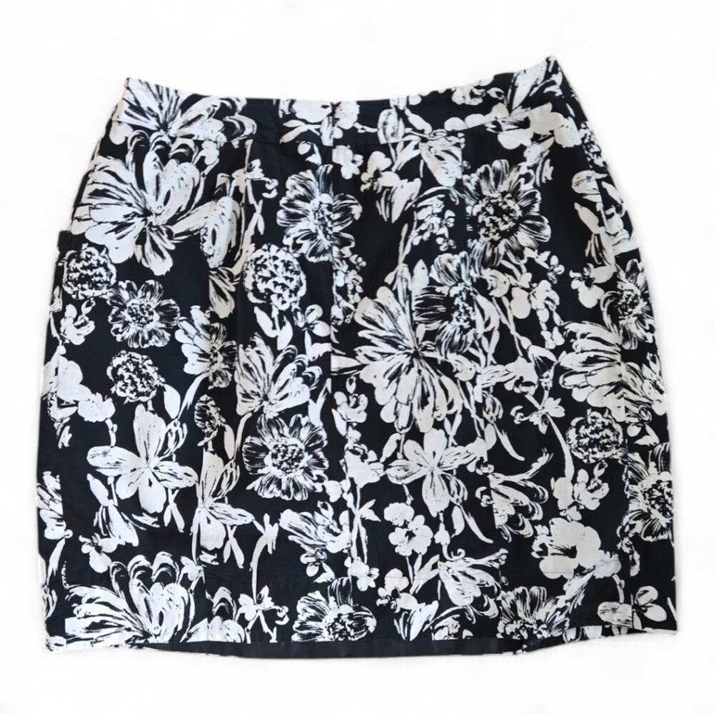 Halogen Floral Cotton Silk Blend A-Line Skirt Pockets Size 18W Black White